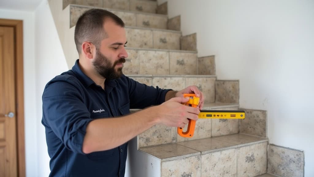 Technicien installateur de monte-escalier en train de mesurer un escalier en pierre à Saint-Chinian, avec un niveau et un ruban à mesurer