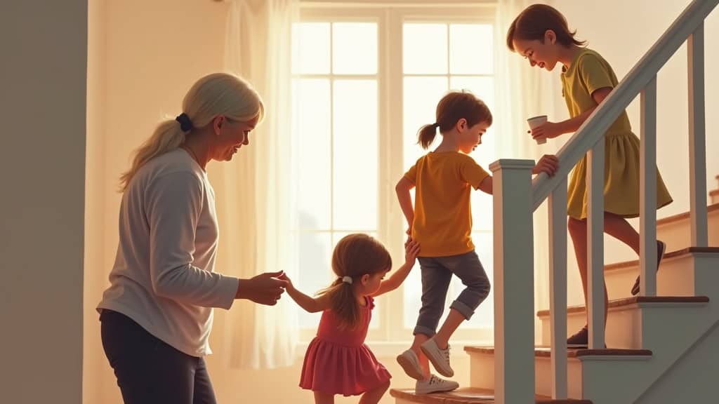 Famille heureuse à Saint-Clar, avec une personne âgée utilisant un monte-escalier pour rejoindre ses petits-enfants au premier étage