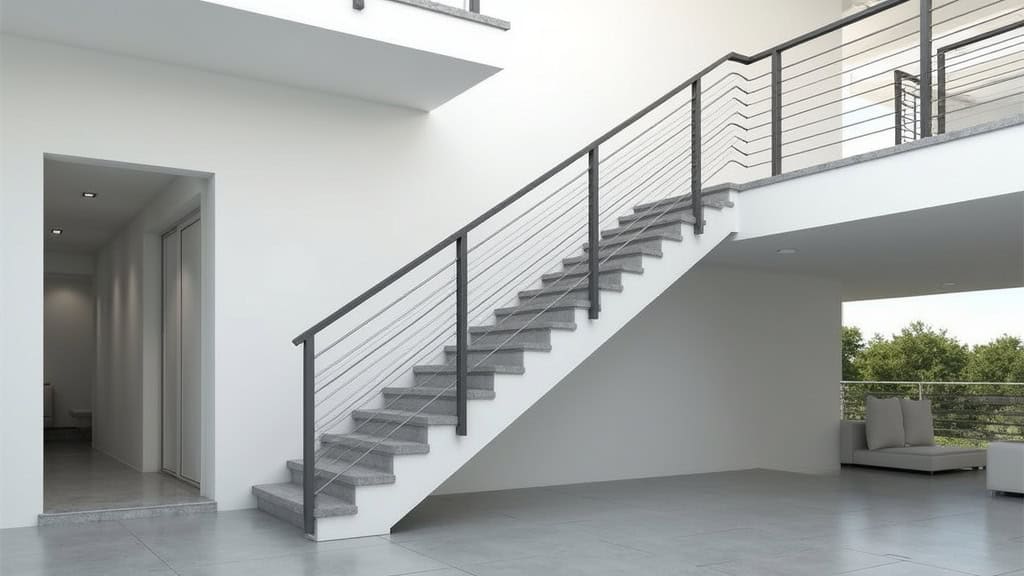 Monte-escalier tournant avec rail en aluminium installé sur un escalier avec virage, vue extérieure d