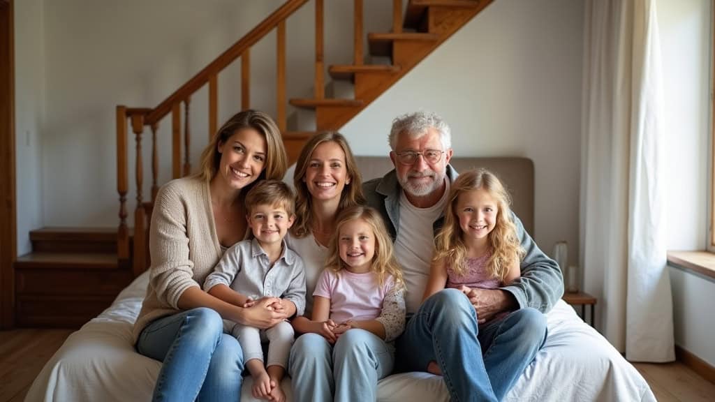 Famille de Saint-Donan : grand-parents, parents et enfants souriants sur le palier, avec un monte-escalier en arrière-plan, dans une maison typique bretonne