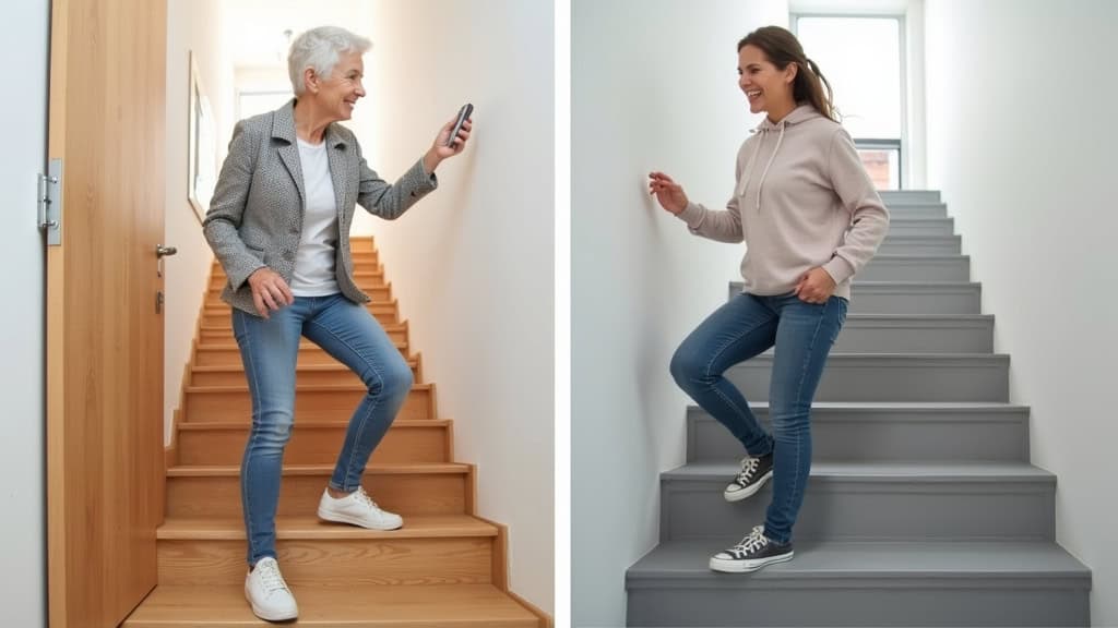 Comparaison avant/après : escalier en bois avec marche haute et personne âgée qui peine à monter vs même escalier avec monte-escalier droit gris et personne souriante qui monte facilement