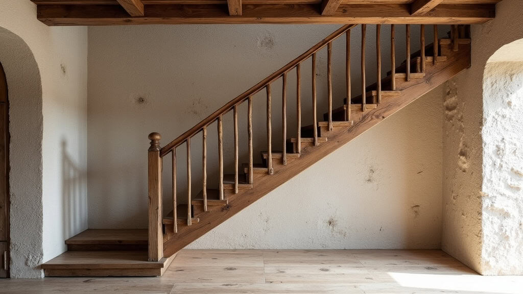 Monte-escalier installé dans une maison traditionnelle pyrénéenne à Saint-Étienne-de-Baïgorry, avec escalier en bois et murs en pierre