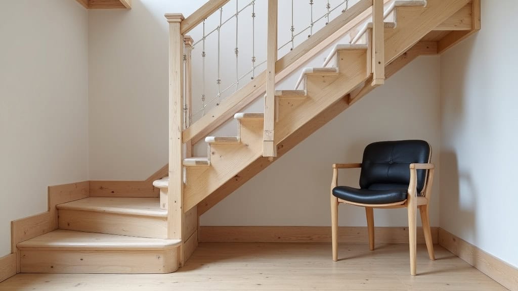 Monte-escalier droit installé dans un escalier en bois de maison ancienne à Saint-Étienne-de-Fontbellon, avec un siège noir et une rampe blanche, intégré harmonieusement
