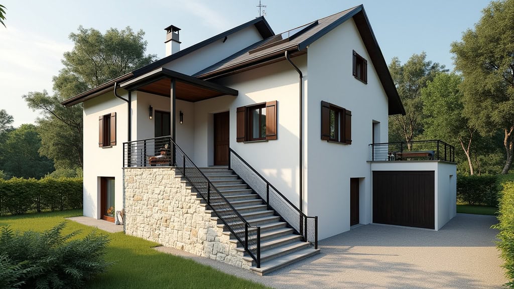 Monte-escalier extérieur en milieu rural à Saint-Étienne-de-Fontbellon, avec un rail en aluminium et un siège noir, installé sur un escalier menant à une entrée de maison en pierre