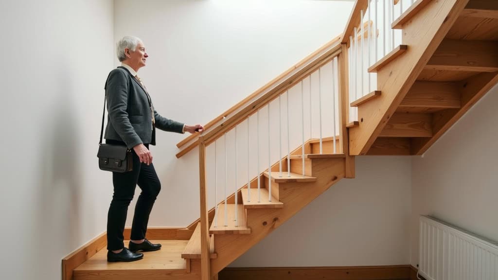 Monte-escalier droit installé sur un escalier en bois à Saint-Étienne-du-Rouvray, avec une personne âgée en train d
