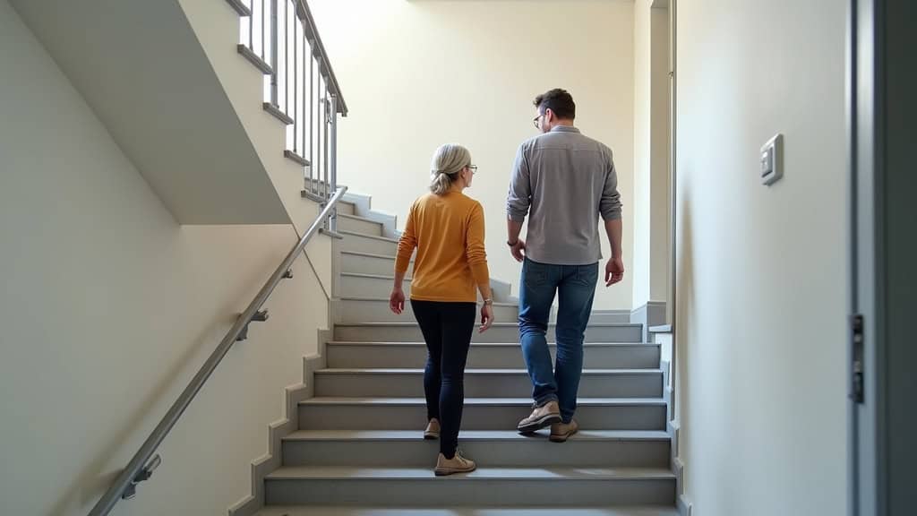 Personne âgée testant un monte-escalier avec un conseiller à Saint-Étienne-les-Orgues