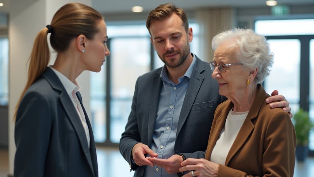 Point conseil Stannah en Isère, avec un technicien en train de présenter un modèle à un couple âgé
