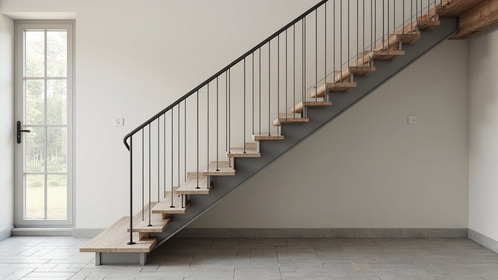 Monte-escalier droit en aluminium mat installé dans un escalier en pierre à Saint-Florent, siège beige et rail discret