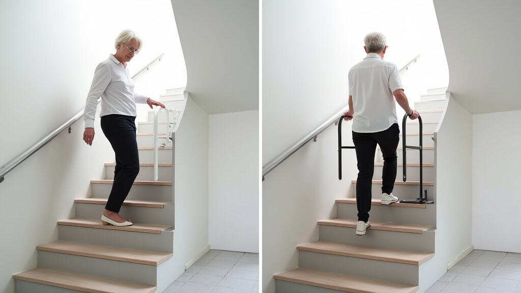 Comparaison avant-après : escalier sans monte-escalier (personne âgée hésitante) vs escalier avec monte-escalier (personne âgée sereine utilisant le siège)