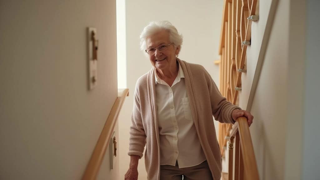 Personne âgée utilisant un monte-escalier courbe à Saint-François pour rejoindre sa chambre, avec un sourire, dans une maison lumineuse