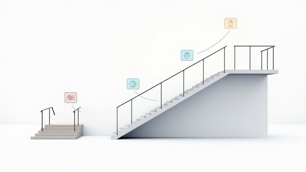 Tableau comparatif visuel des trois types de monte-escaliers : droit, courbe et plateforme, avec icônes et couleurs pour illustrer les différences techniques et d
