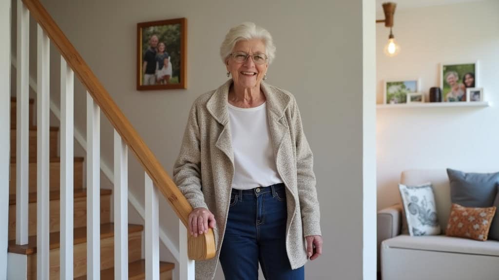 Personne âgée utilisant un monte-escalier droit dans son salon à Saint-Geniès-Bellevue, souriante, entourée de photos de famille