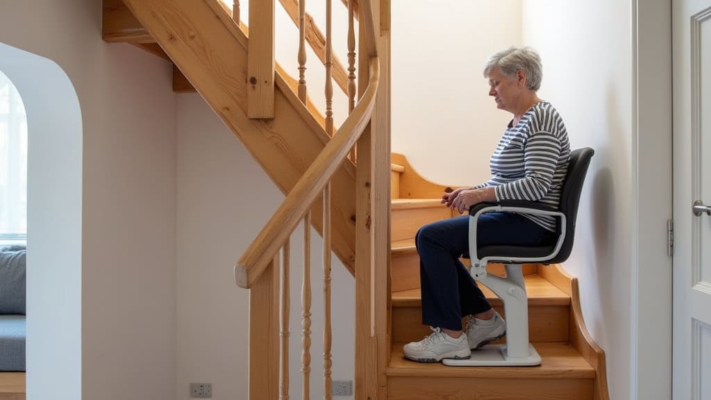 Monte-escalier installé sur un escalier en bois dans une maison traditionnelle de Saint-Geniès-de-Fontedit, avec une personne âgée utilisant le siège en toute sécurité