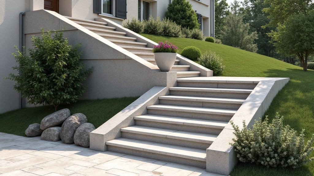 Monte-escalier extérieur installé sur un perron en pierre, permettant d