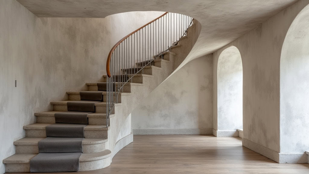 Monte-escalier tournant avec virage installé dans une maison ancienne de Saint-Germain-Lembron, avec siège en tissu gris
