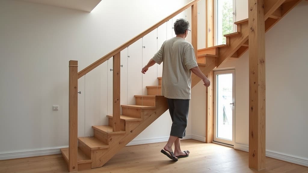 Monte-escalier droit installé sur un escalier en bois dans une maison à Saint-Gervais-la-Forêt, avec une personne âgée qui monte en toute sécurité