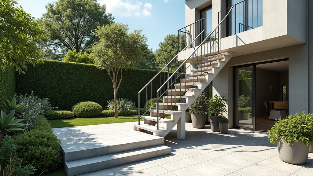 Monte-escalier extérieur en acier inoxydable installé sur une terrasse de maison à Saint-Gervais-la-Forêt, avec un jardin fleuri en arrière-plan