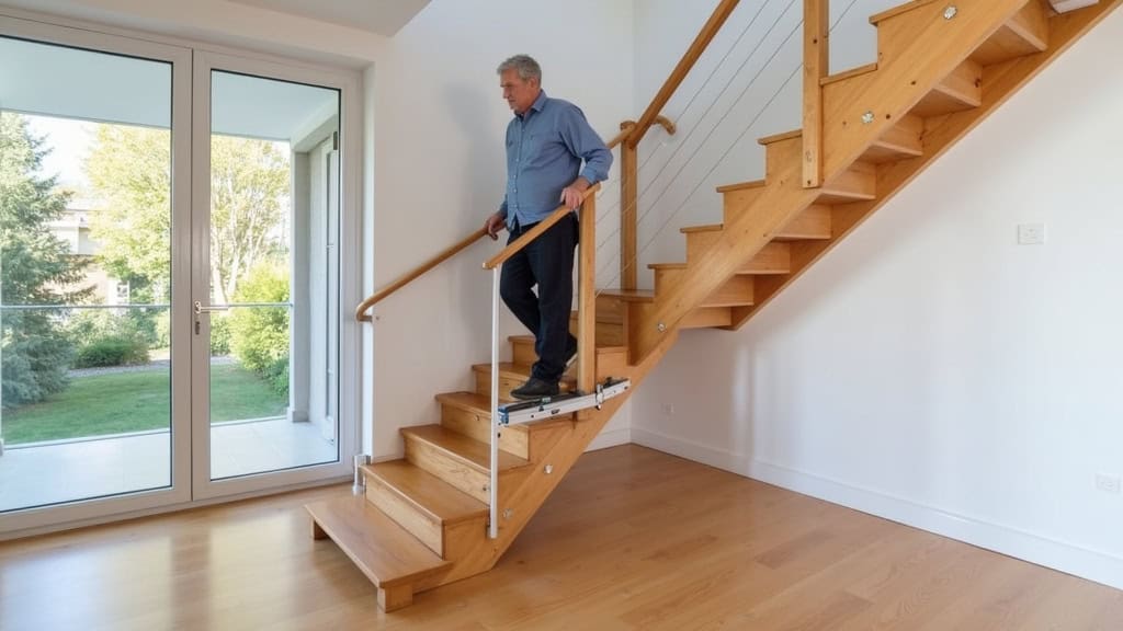 Monte-escalier droit installé sur un escalier en bois dans une maison de Saint-Hilaire-Peyroux, avec un utilisateur âgé qui monte en toute sécurité