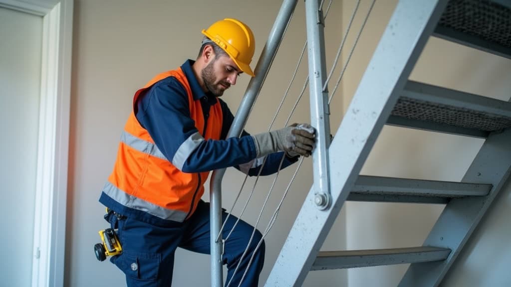 Technicien en train d’effectuer l’étalonnage d’un monte-escalier lors d’une installation à Saint-Jean-de-Losne