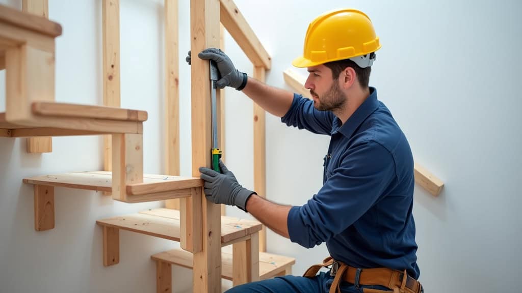 Installateur professionnel en train de mesurer un escalier à Saint-Jean-de-Verges, avec niveau et règle numérique