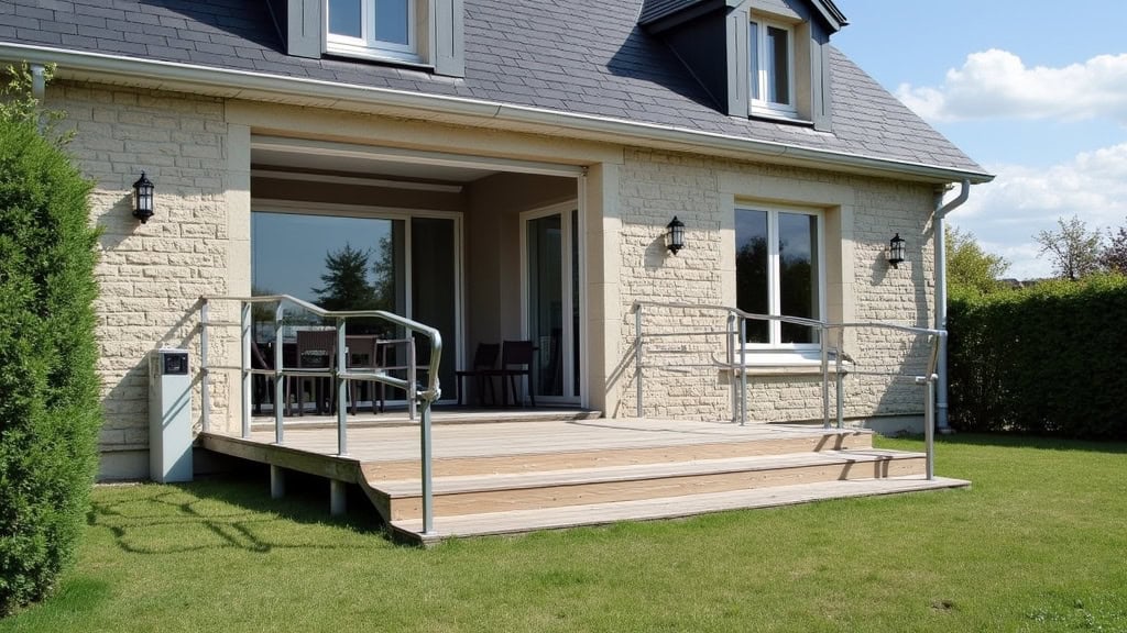 Plateforme élévatrice d’extérieur installée à l’entrée d’une maison en pierre à Saint-Jean-de-Verges, avec rampe et barrière de sécurité