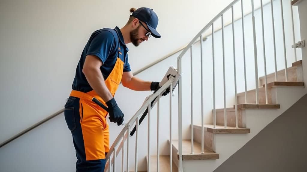 Technicien en train de nettoyer les rails d’un monte-escalier avec un chiffon sec, dans une maison de Saint-Jean-de-Verges