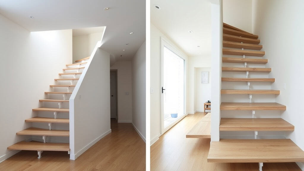 Comparaison avant-après : escalier sans monte-escalier à gauche, avec siège installé à droite, maison typique du Pays Basque