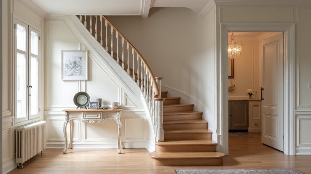 Monte-escalier droit installé dans un intérieur traditionnel de Saint-Lambert-la-Potherie, avec décoration champêtre et escalier en bois clair