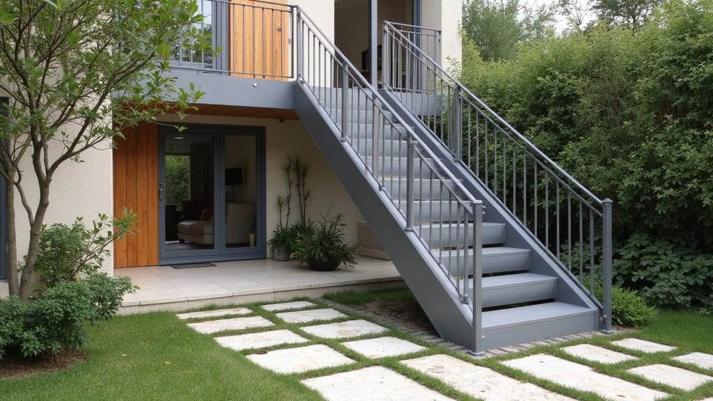 Monte-escalier extérieur en aluminium anodisé installé sur un escalier de jardin à Saint-Laurent-en-Royans, avec des marches en pierre et un portail en bois