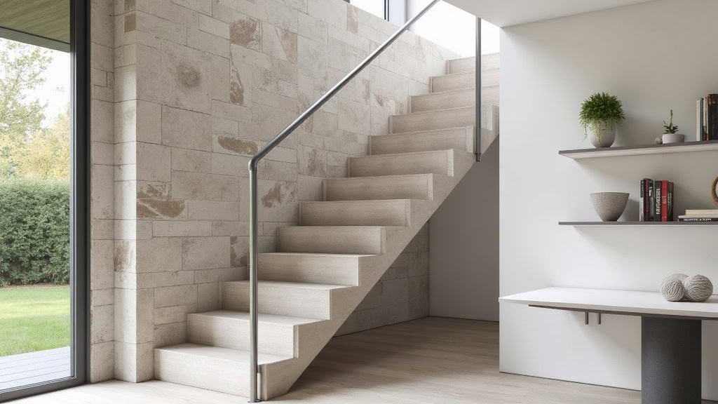 Monte-escalier droit installé dans une maison en pierre à Saint-Laurent-en-Royans, avec un siège pliable et un rail discret en aluminium