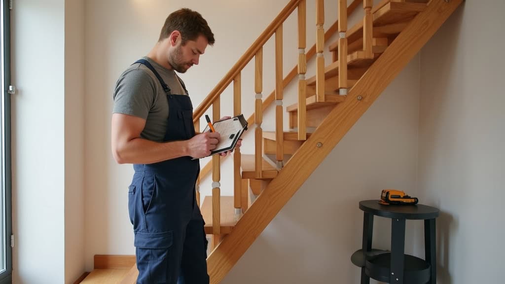 Technicien professionnel en train de mesurer un escalier en bois à Saint-Laurent-Nouan, avec un mètre laser et un carnet de notes