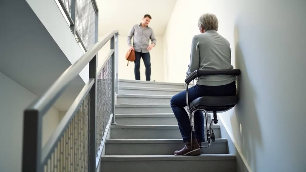 Personne âgée utilisant un monte-escalier à siège pour monter tranquillement les marches de son escalier à Saint-Léger-en-Yvelines