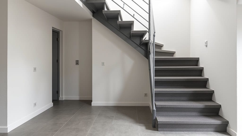 Monte-escalier courbe installé dans une maison de Saint-Malô-du-Bois avec virage à 90 degrés, rail en aluminium gris, siège en tissu noir, intégré parfaitement à l
