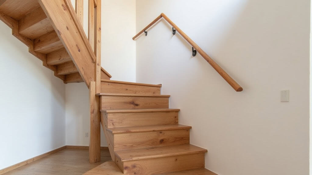 Monte-escalier droit installé sur un escalier en bois dans une maison typique de Saint-Marcellin-en-Forez, avec une vue d’ensemble montrant le rail fixé au mur et le siège replié en position basse