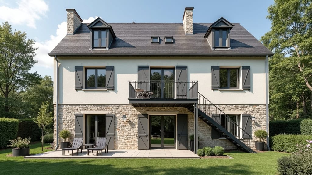 Monte-escalier extérieur installé sur la façade d’une maison en pierre à Saint-Marcellin-en-Forez, permettant d’accéder à une terrasse en hauteur, avec un siège en aluminium résistant aux intempéries