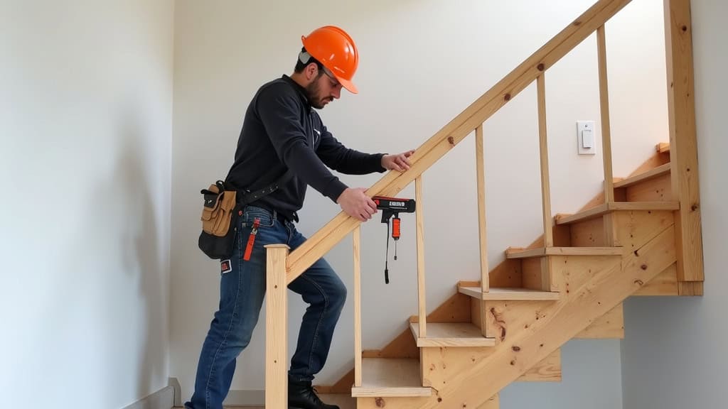 Technicien en train d’installer un rail de monte-escalier sur un escalier en bois à Saint-Marcellin-en-Forez, en train de mesurer la pente avec un niveau et de fixer les supports au mur