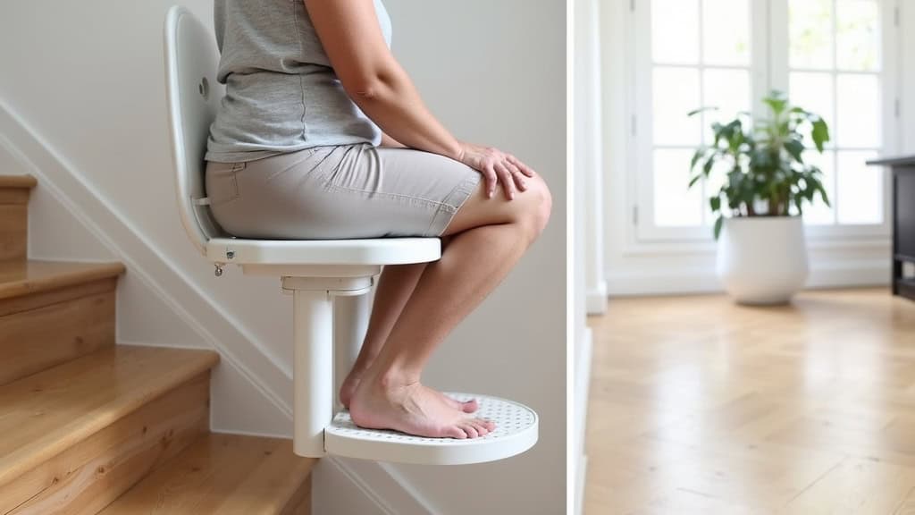 Siège ergonomique de monte-escalier avec accoudoirs ajustables et repose-pieds, utilisé par une personne âgée dans une maison de Saint-Marcellin-en-Forez, montrant le confort et la sécurité