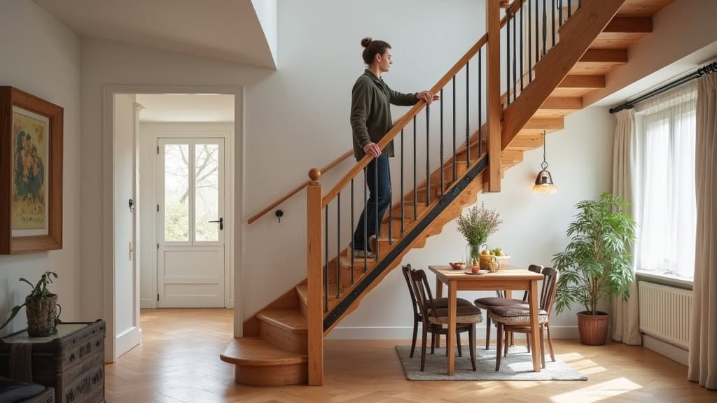 Monte-escalier droit installé sur un escalier en bois dans une maison traditionnelle de Saint-Mars-la-Brière, avec un utilisateur en sécurité et un décor intérieur chaleureux
