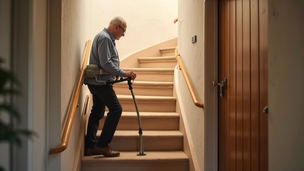 Monte-escalier courbe installé sur un escalier en colimaçon dans une maison ancienne de Saint-Mars-la-Brière, avec un utilisateur de 78 ans en sécurité, environnement chaleureux et lumineux