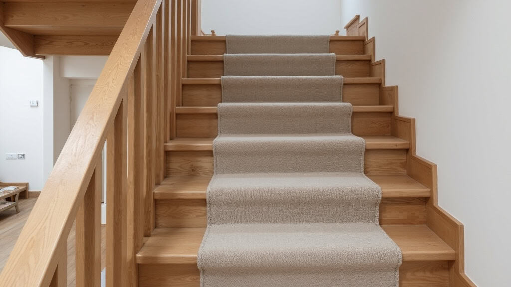 Monte-escalier en acier et tissu beige installé dans un escalier en bois d’une maison traditionnelle de Saint-Martin-d