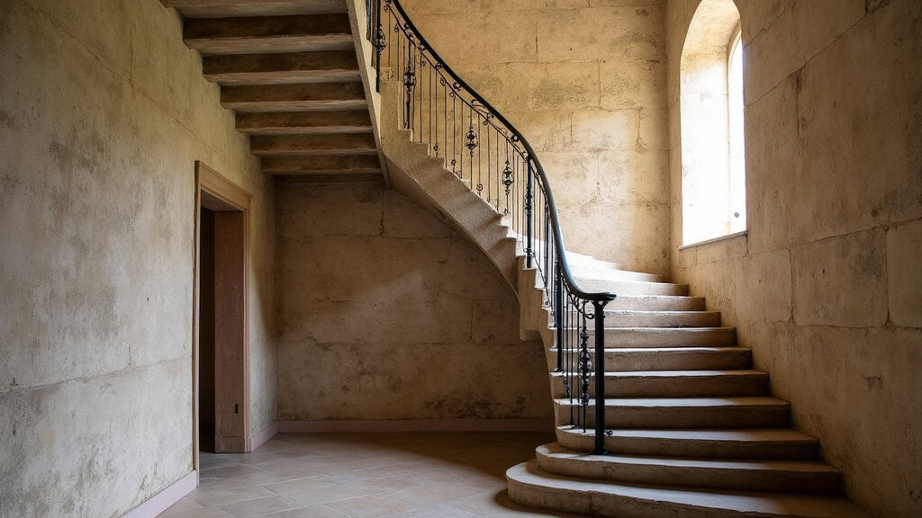 Monte-escalier tournant installé sur un escalier en colimaçon dans une ancienne demeure de Saint-Martin-d