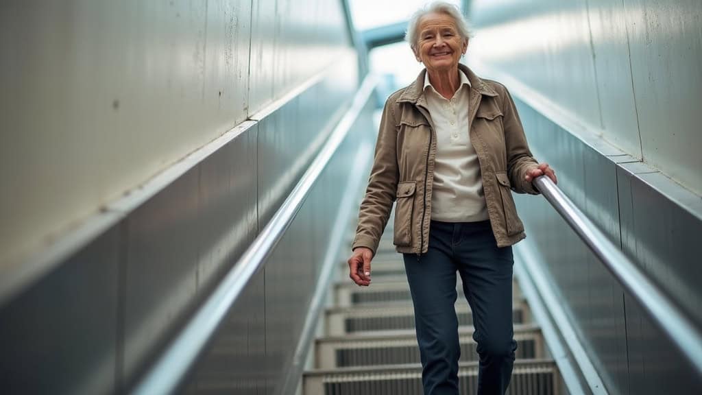Personne âgée utilisant un monte-escalier droit à Saint-Martin-du-Vivier, souriante, en train de monter les marches en toute sécurité