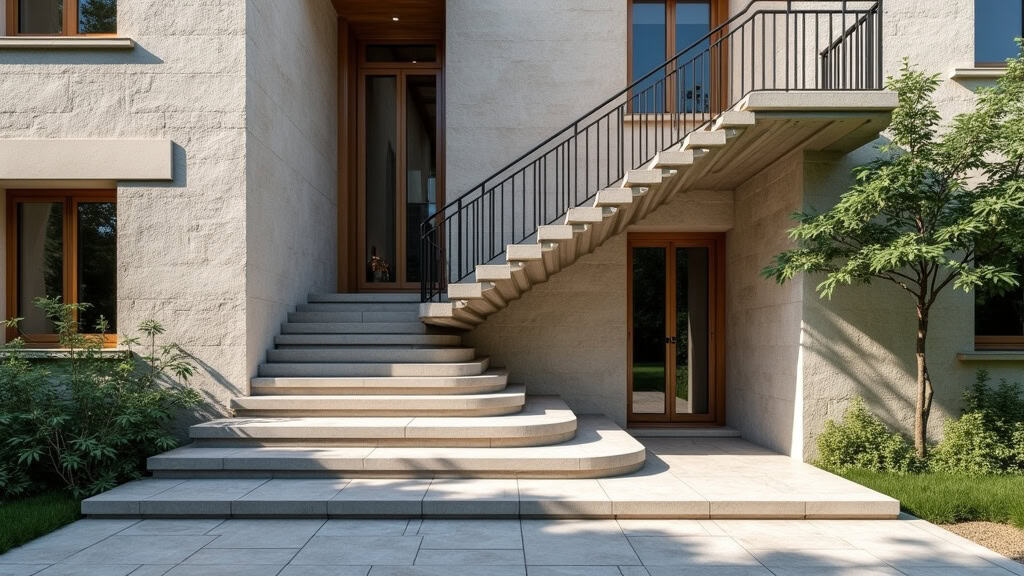 Monte-escalier extérieur installé sur une entrée de maison en pierre à Saint-Michel-de-Maurienne