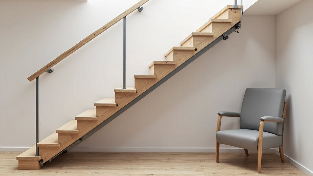 Monte-escalier droit installé sur un escalier en bois dans une maison typique de Saint-Nicolas-de-Redon, avec siège en gris clair et rail discret