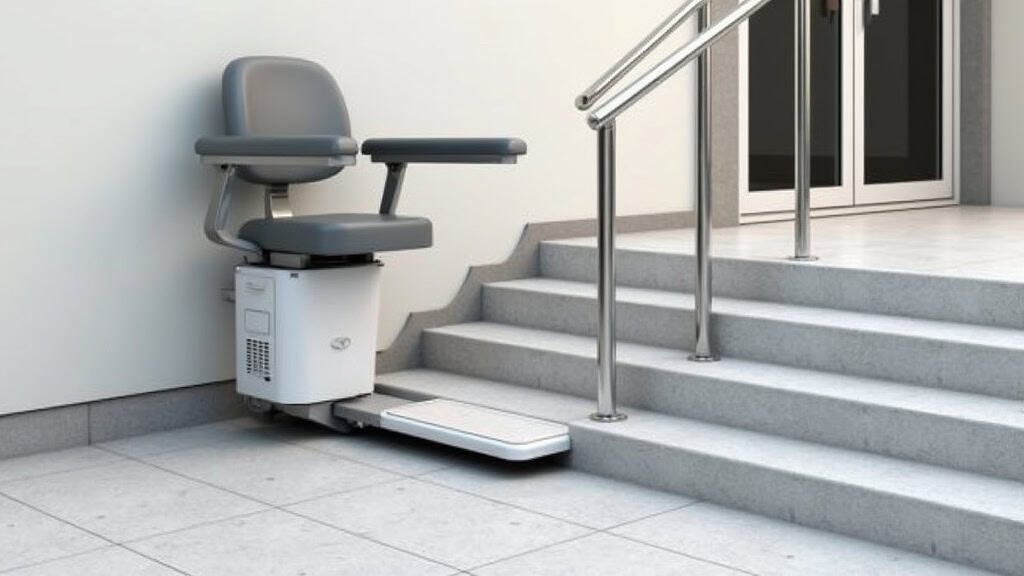 Plateforme élévatrice pour fauteuil roulant installée sur un escalier extérieur à Saint-Nicolas-de-Redon, avec barrières de sécurité et commande à bouton