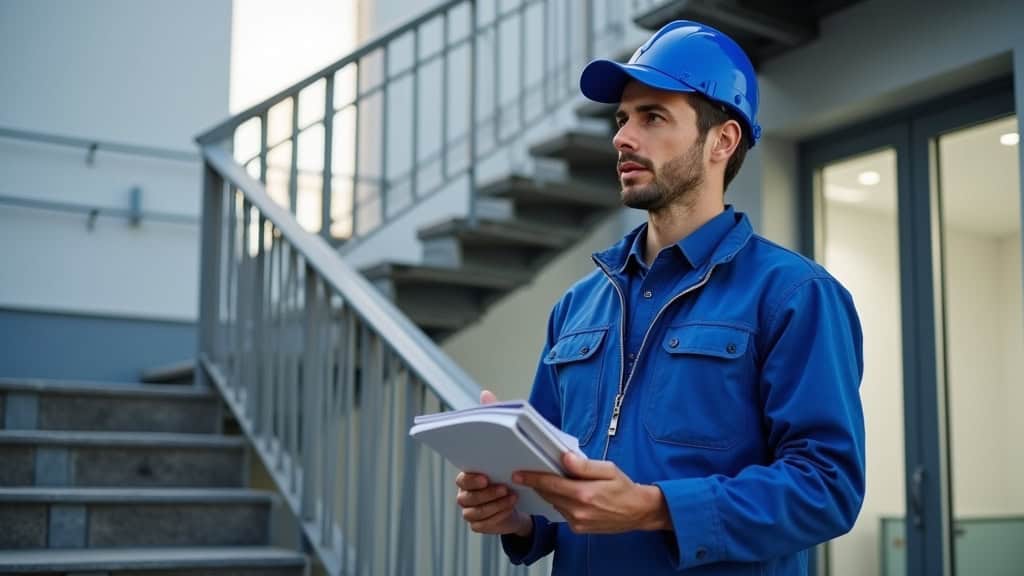 Technicien professionnel en train de vérifier un monte-escalier à Saint-Omer-en-Chaussée, avec un mètre et un carnet de notes, vêtu d’un uniforme bleu