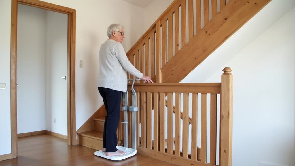 Monte-escalier installé sur un escalier droit en bois dans une maison traditionnelle de Saint-Pair-sur-Mer, avec une personne âgée utilisant le dispositif en toute sécurité