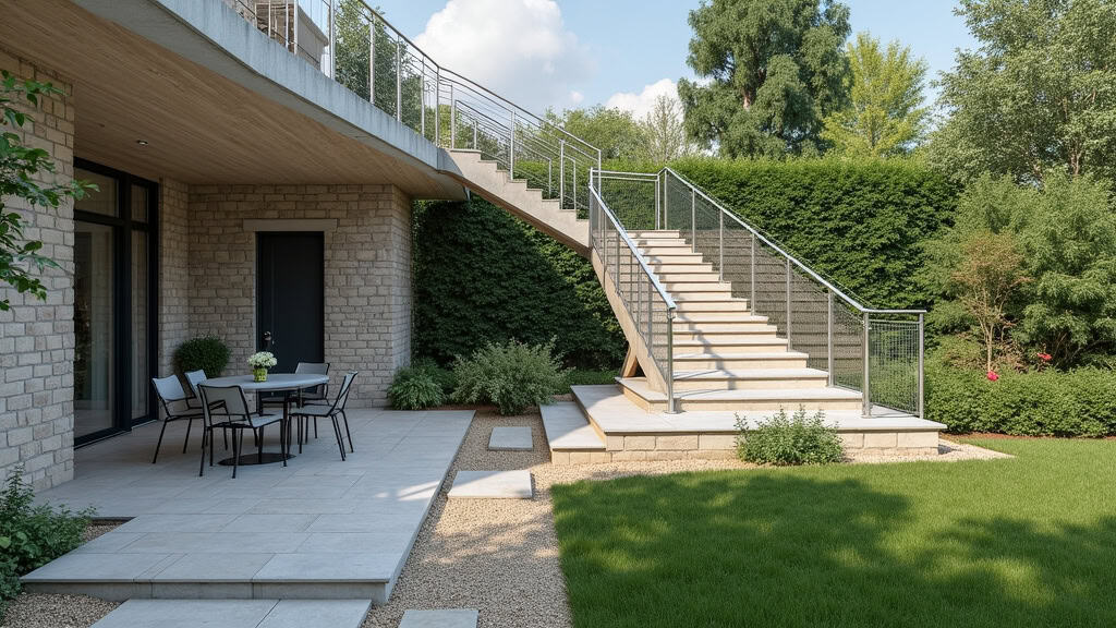 Monte-escalier extérieur en acier inoxydable installé sur un escalier en pierre menant au jardin d