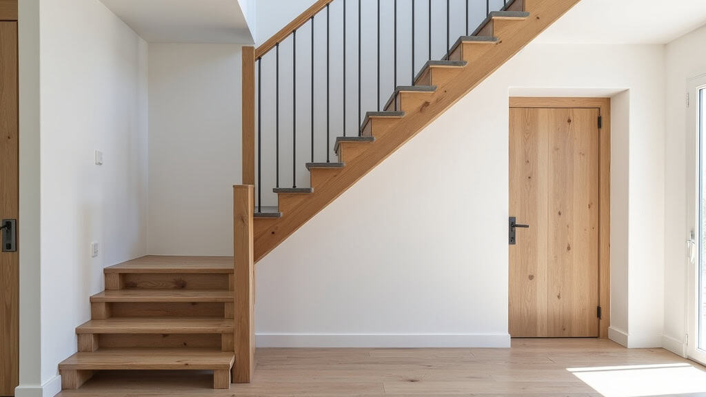 Monte-escalier droit installé dans une maison traditionnelle de Saint-Pardoux-le-Lac, avec rampes en bois et siège gris clair