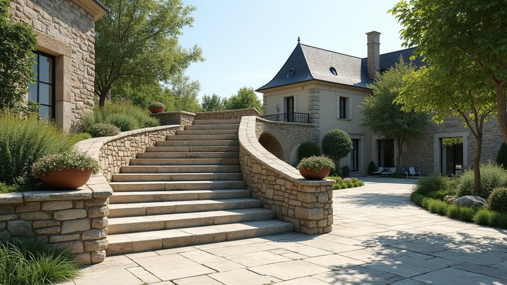 Monte-escalier extérieur installé sur une propriété à Saint-Paterne-Racan, avec vue sur jardin et maison en pierre